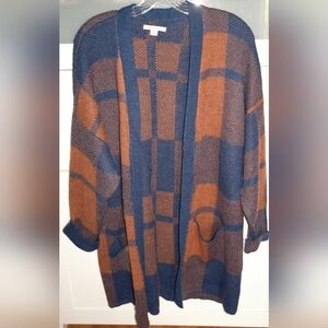 American Eagle Plaid Open-Front Cardigan Sweater - Blue and Brown
